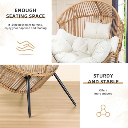 Outdoor Indoor Hanging Egg Chair PE Wicker Rattan Lounge Chair with Cushion for Patio Garden Balcony Backyard Beige