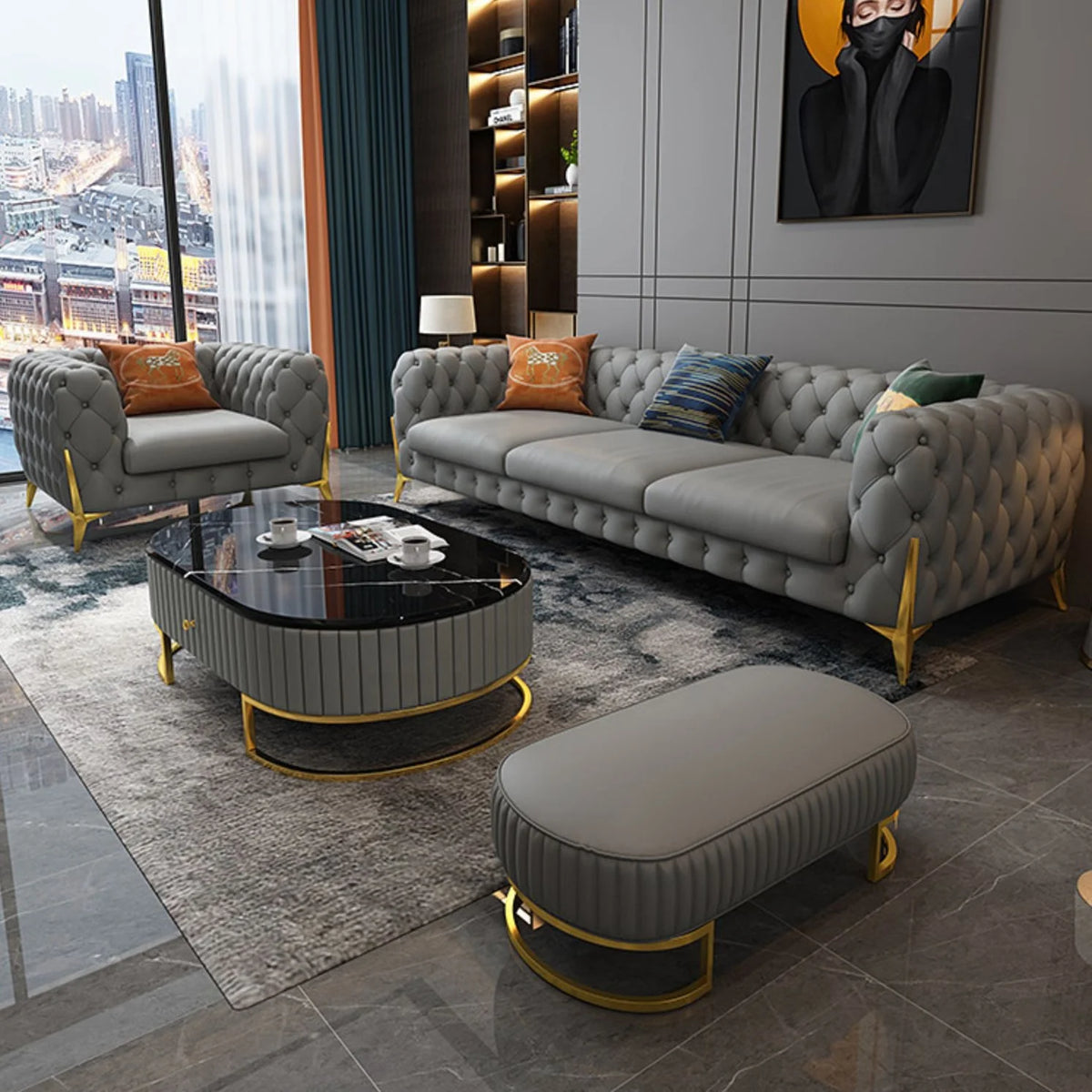 leather sofa setLight luxury sofa combination high-end living room furniture  Italian stainless steel modern art