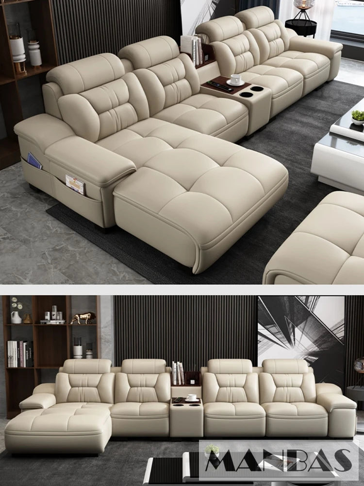 MANBAS Italian Genuine Leather Sectional Sofa with USB Charging, Bluetooth Speaker and Projector - Perfect for Your Living Room