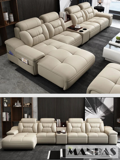 MANBAS Italian Genuine Leather Sectional Sofa with USB Charging, Bluetooth Speaker and Projector - Perfect for Your Living Room
