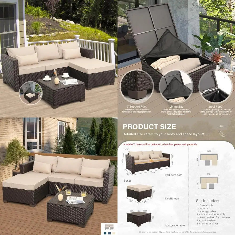 3-Piece Outdoor Sectional Sofa Set with Wicker Couch, Ottoman, and Coffee Table - All-Weather, Weather-Resistant Storage Include