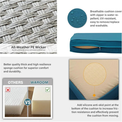 WAROOM Outdoor Sofa Wicker Patio Chairs Set of 2, Porch Single Chair Grey Rattan Deep Seating Armchair Balcony Furniture with Pe