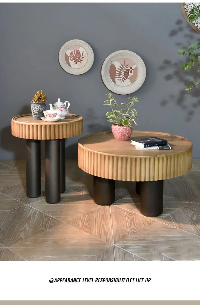 New arrivals pastoral style living room furniture rustic round wood carved coffee table with 3 legs