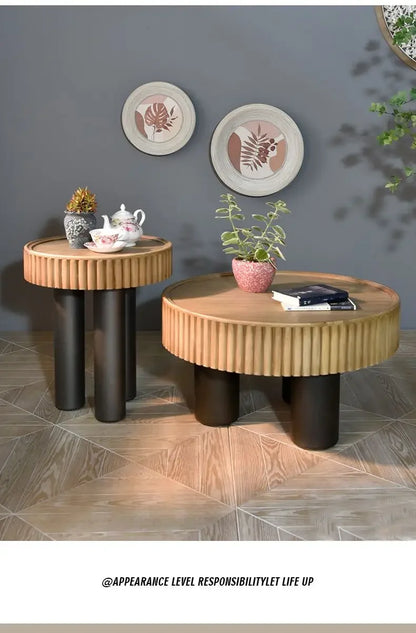 New arrivals pastoral style living room furniture rustic round wood carved coffee table with 3 legs