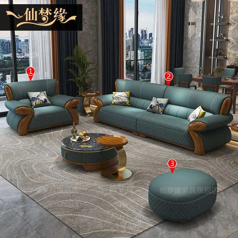 New leather sofa modern simple light luxury ebony solid wood new Chinese small apartment living room popular furniture