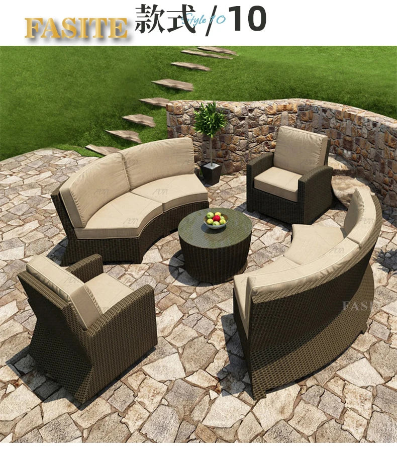 Sofa, courtyard, garden, leisure, outdoor living room, semi circular curved rattan chair, terrace, outdoor furniture combination