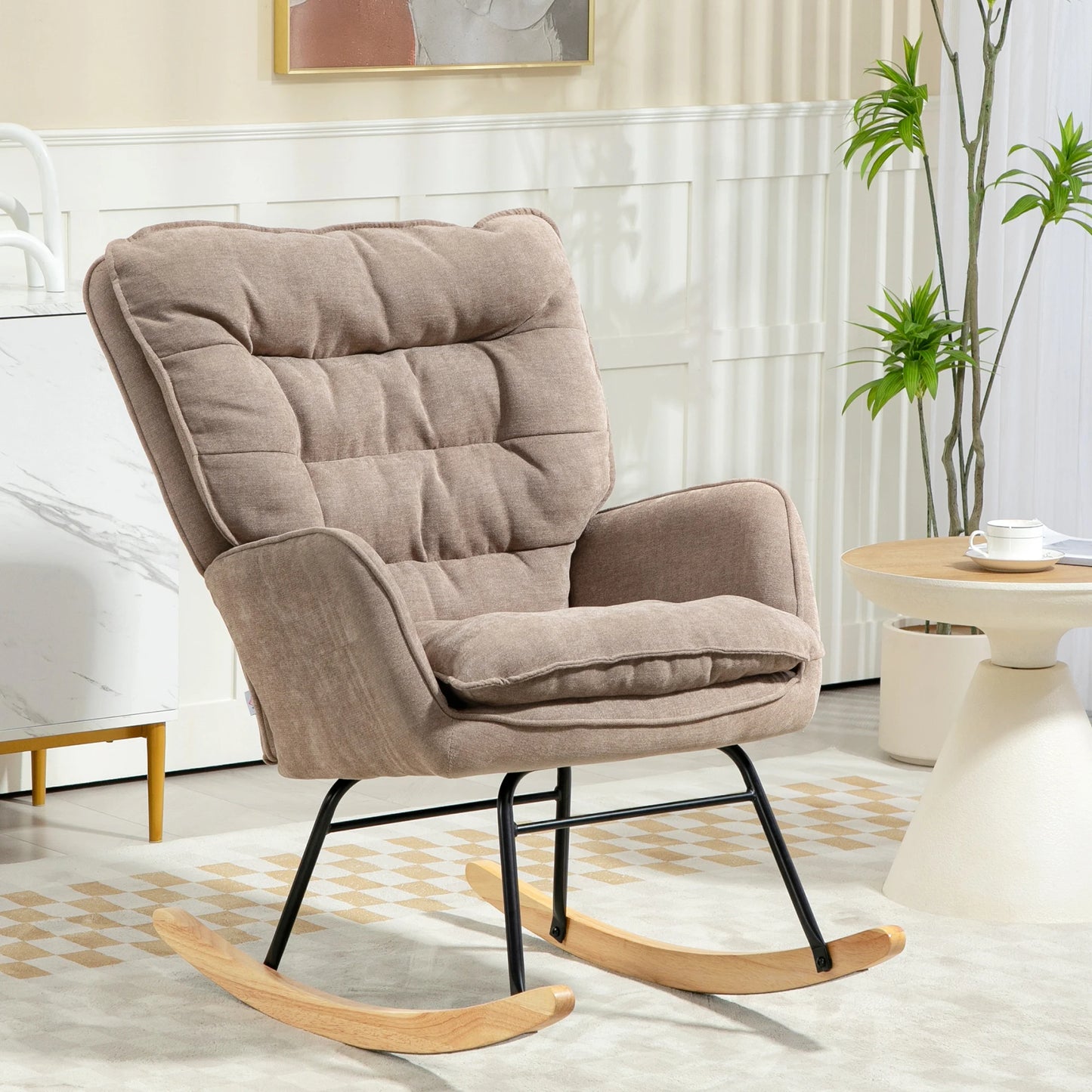 Brown Chenille-Look Rocking Chair (120kg Cap, Armrests, Living/Bedroom)