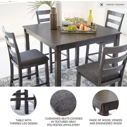 5-Piece Gray Wood Dining Set with Table & 4 Barstools, Counter-Height for Small Spaces