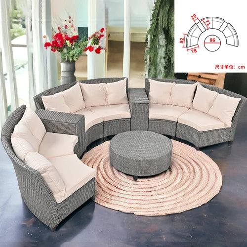 Sofa, courtyard, garden, leisure, outdoor living room, semi circular curved rattan chair, terrace, outdoor furniture combination