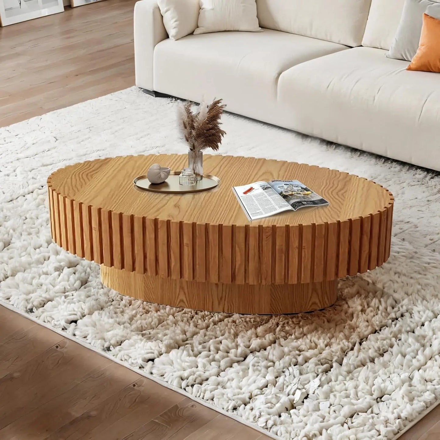 Round Coffee Table, Handcrafted Fluted Drum Coffee Tables Modern Wood Coffee Table Circle Drum Center Table For Living Room