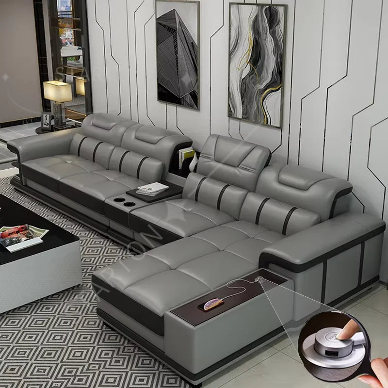 European Home Custom Comfortable Leather Sofa Set Adjustable Head Pillow Genuine Leather Corner Sofa for Living Room Basement