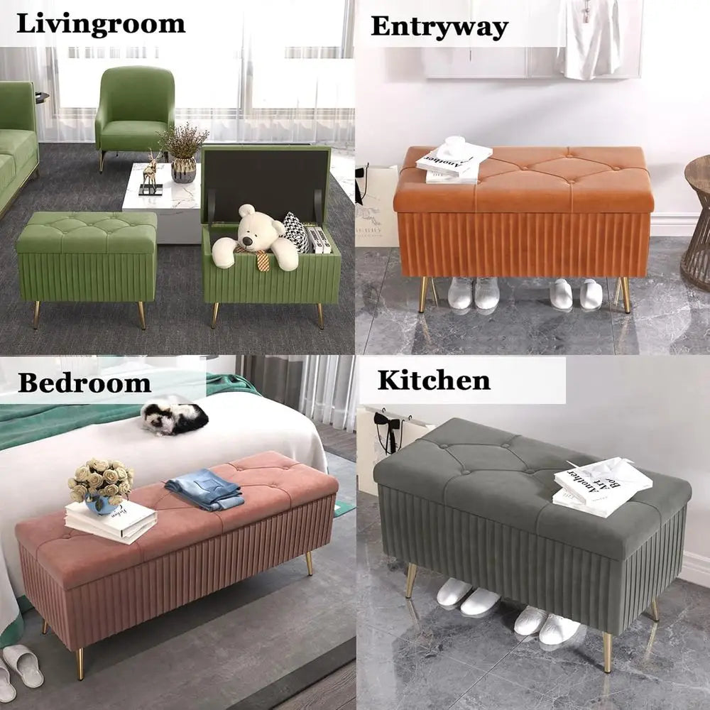 Modern Yellow Upholstered Storage Ottoman with Shoe Storage, Plush Bench Chest for Entryway and Living Spaces