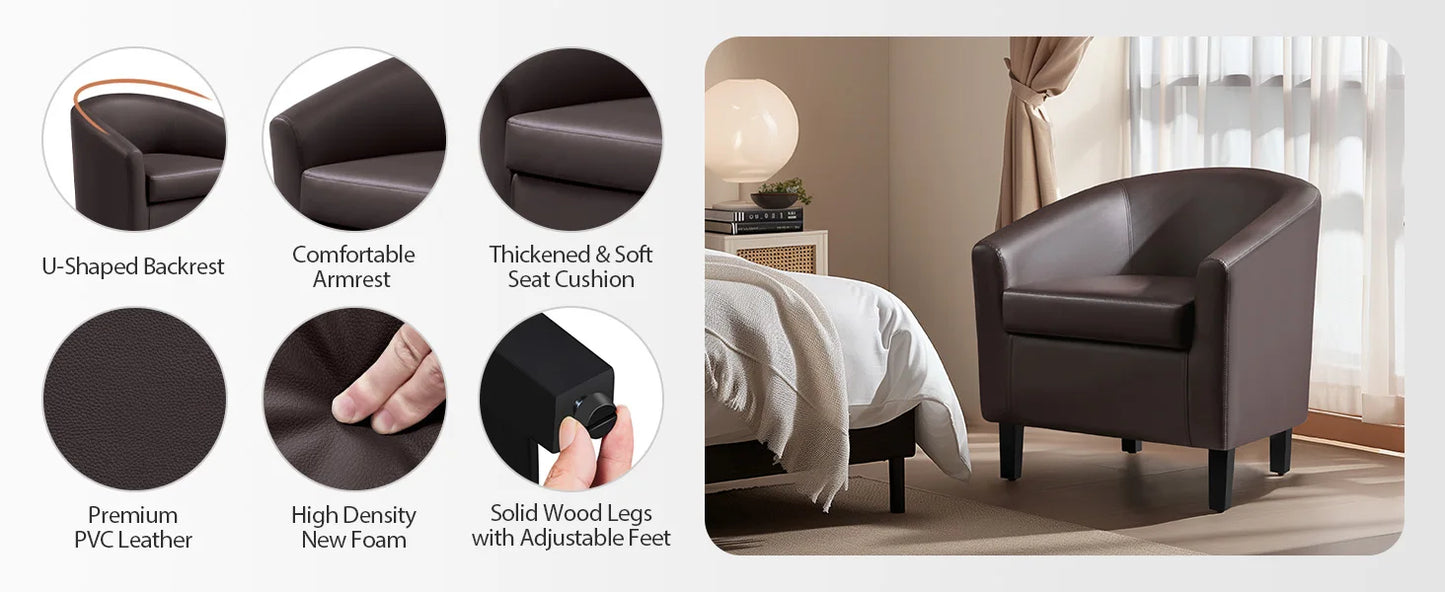 Leather Club Chair, Faux Leather Accent Chair, Modern Living Room Armchair with Wood Legs and Padded Seat for Bedroom Reception