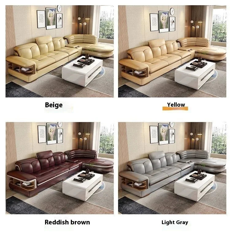 Luxury L-Shaped Genuine Leather Sectional Sofa Sets with USB, Bluetooth Speaker - MINGDIBAO Living Room Italian Leather Couches