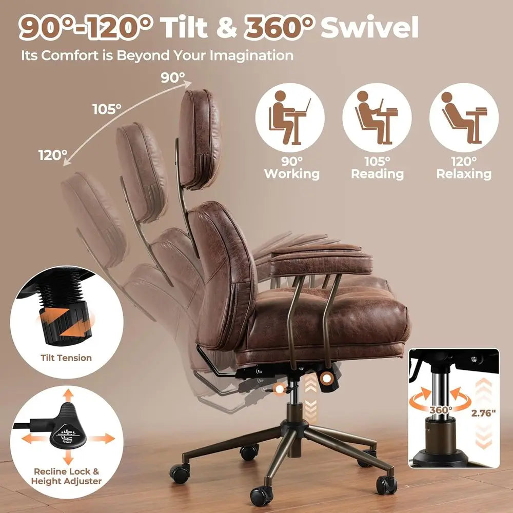 Ergonomic Century Modern Leather High-Back Swivel Chair with Plush Cushion, Brown Suede (Executive Office)