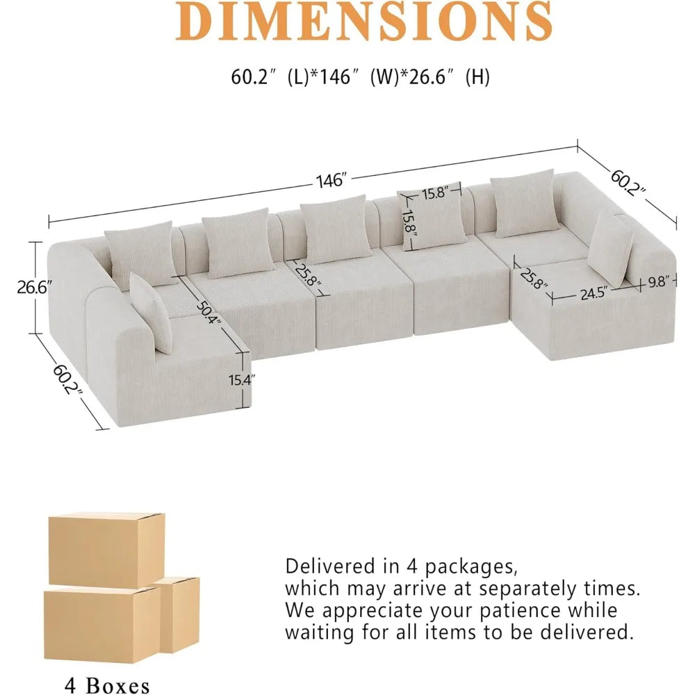 Modular Sectional Sofa for Living Room 160" Cloud Couch Down Filled U Shaped Couch with Ottoman Modern 6 Seater Convertible Sofa