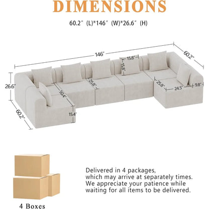 Modular Sectional Sofa for Living Room 160" Cloud Couch Down Filled U Shaped Couch with Ottoman Modern 6 Seater Convertible Sofa