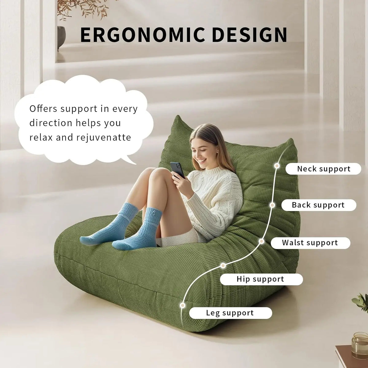 Bean Bag Chair for Adults Fireside 3 Seater Sofa Floor Lazy Couches with Ergonomic Design Corduroy Cozy Memory Foam, Customized