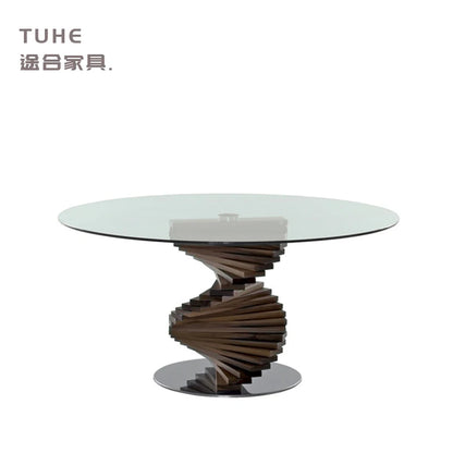 Italian Style Solid Wood Dining Table Light Luxury Curved Round Table Tempered Glass Living Room Hotel Personalized Dining Table