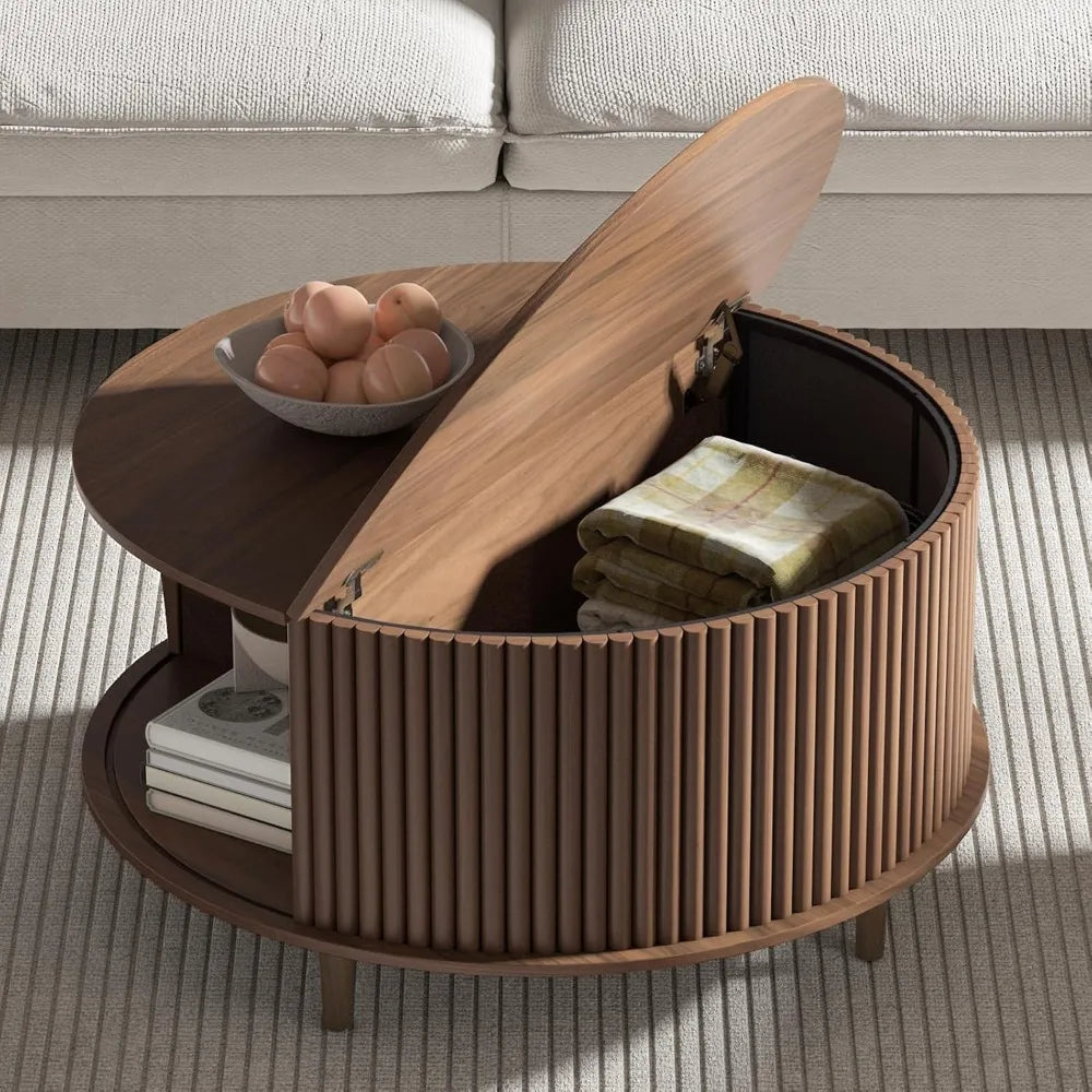 Round Coffee Table with Storage,Fluted Center Table with Sliding Cabinet Door for Living Room,Home Small Space