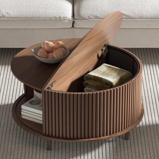 Round Coffee Table with Storage,Fluted Center Table with Sliding Cabinet Door for Living Room,Home Small Space