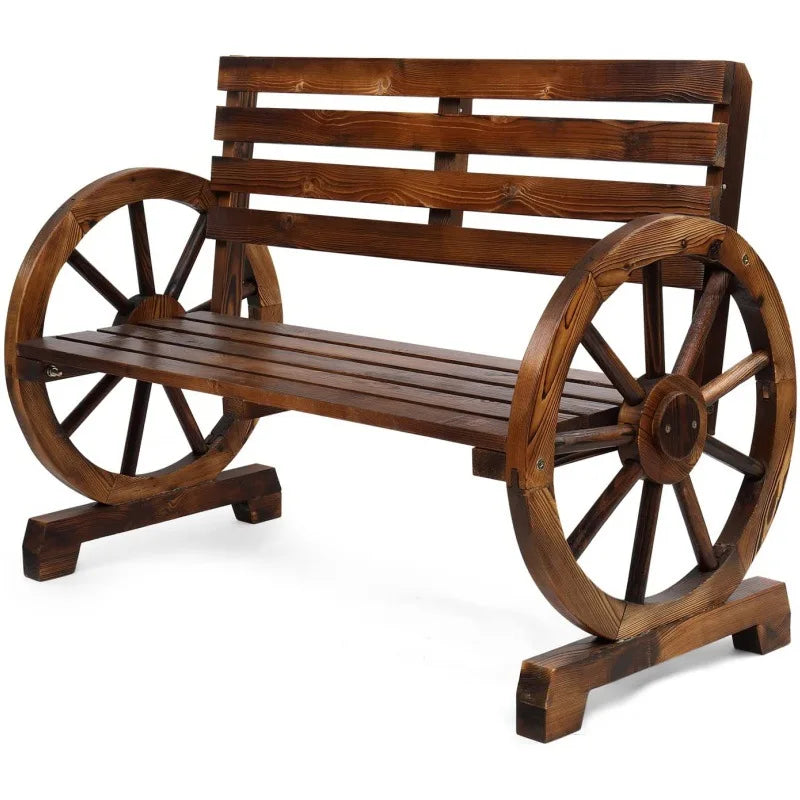 Country style wooden wheeled outdoor chair, patio bench with slat seating for 2 people, outdoor garden bench
