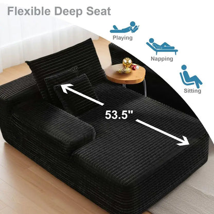 Oversized Chaise Lounge Chair Indoor, Black Corduroy Boneless Sofa Bed, Comfy Cloud Couch Sectional Couches for Living Room, Be