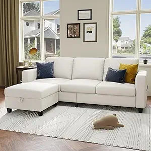 78 L-Shaped Beige Linen Pet-Friendly Modular 3-Seater Convertible Sofa for Living Room