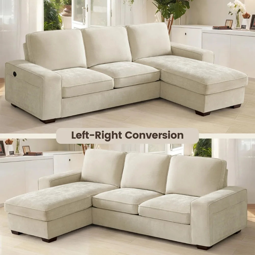 L-Shaped Sectional Couch with Storage, Sofa with Reversible Chaise, USB Type-C Charging, Chenille Fabric, Removable Cu