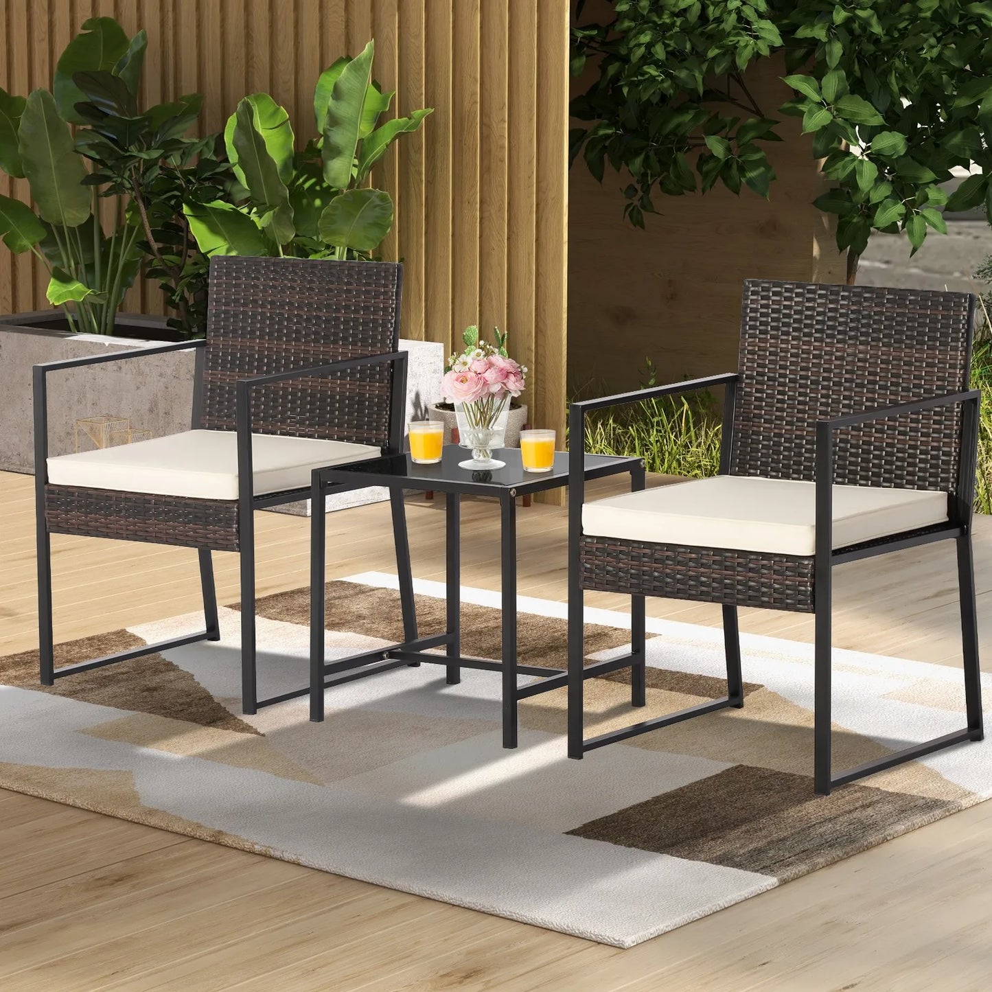 Garden Furniture Sets3 Piece Patio Furniture Set Woven PE Wicker Chairs with Tempered Glass Table Modern Outdoor Lounge