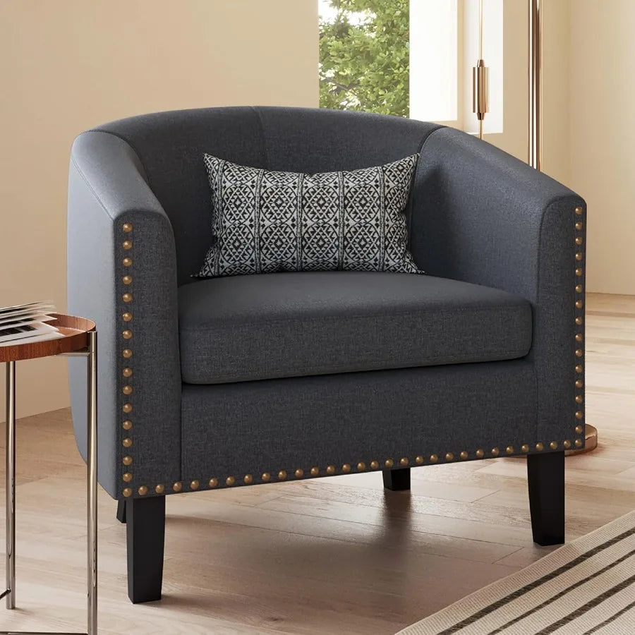 Modern Accent Barrel Chair with Upholstered Armrest and Gold Nail Head Trim Black Metal Legs for Living Room Bedroom Apartment