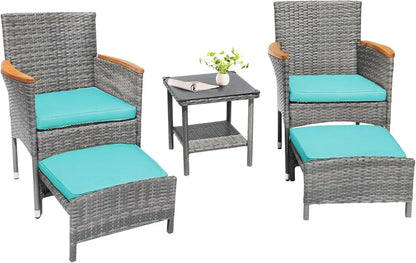 5 PCS Outdoor Patio Set with Table & Ottoman, Gray Wicker & Green Cushion Bistro Furniture