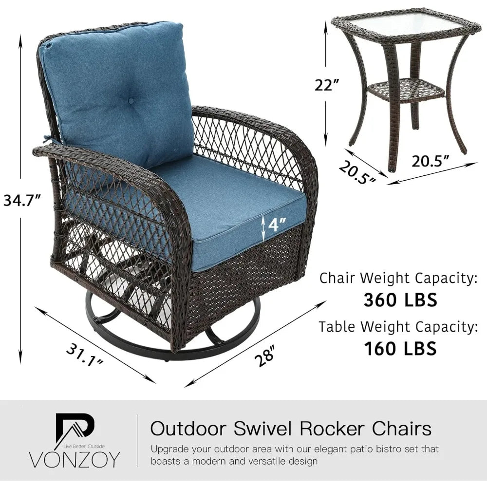 3 Pieces Patio Furniture Set, Outdoor Swivel Glider Rocker, Wicker Patio Bistro Set with Rocking Chair, Thickened Cushions and T
