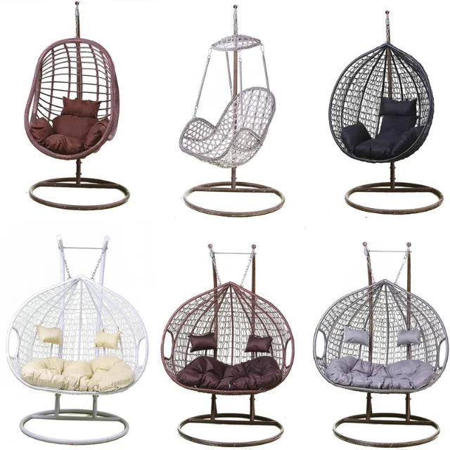 Patio Indoor Outdoor PE Rattan Steel Frame Hanging Egg Shaped Swing Chair with Cushion Stand for Balcony Villa Egg Swing Chair