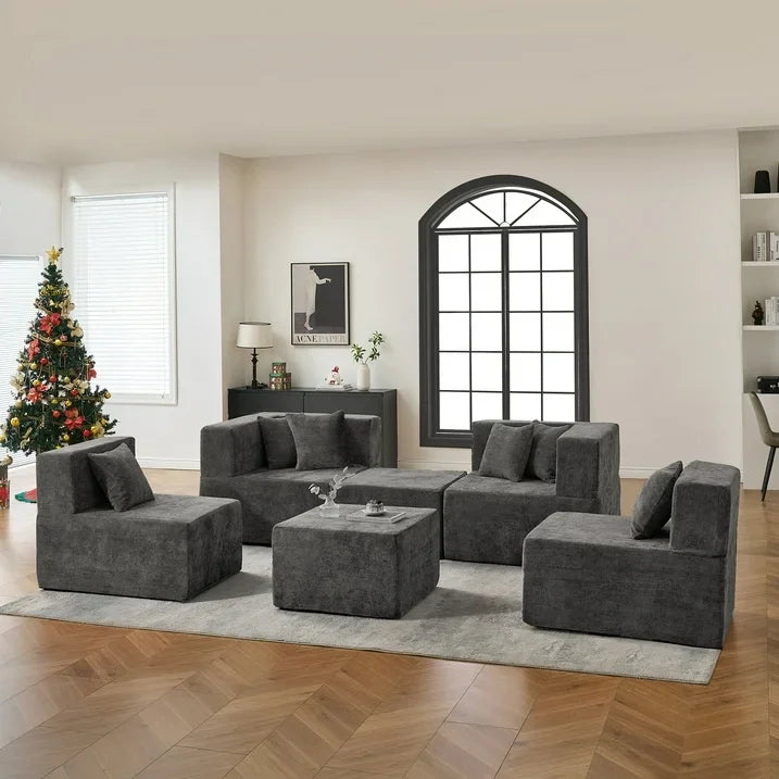 130" Oversized Modular Sectional Sofa for Living Room Furniture, Chenille Cloud Couch with Ottomans, Dark Gray