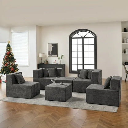 130" Oversized Modular Sectional Sofa for Living Room Furniture, Chenille Cloud Couch with Ottomans, Dark Gray