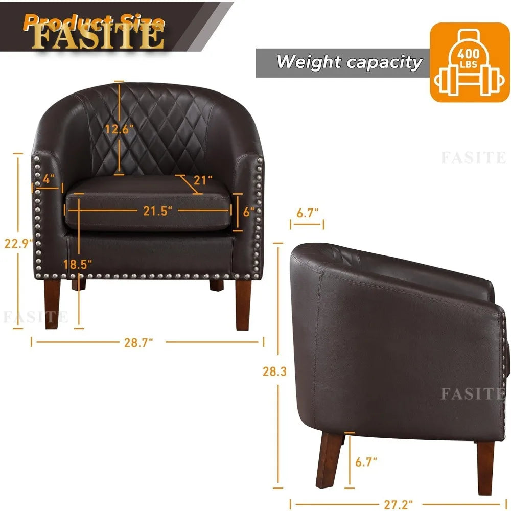 Nordic luxury Comfy Barrel Accent Chair Set, Grid Backrest Diamond, Faux Leather with Cushion for Living Room Club