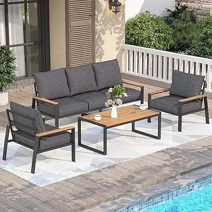 Patio Furniture Set, 4 Pieces Outdoor Furniture Patio Conversation Set with High Back, Faux-Wood Armrest and Tabletop, Outdoor C