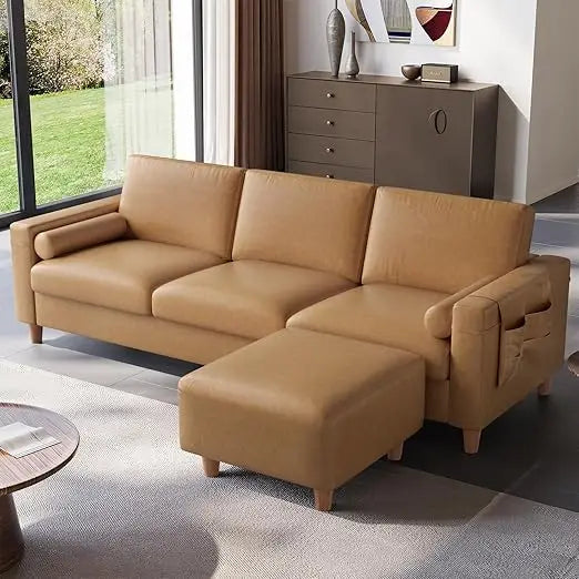 100 Faux Leather Couch with Movable Ottoman, 3 Seater L Shaped PU Leather Sofa with Side Pocket, Comfy Mid Century Mod