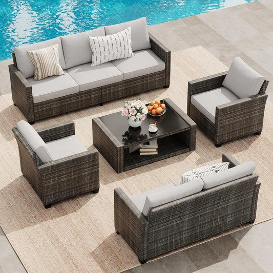 5 Piece Outdoor Patio Furniture Sets, Wicker Conversation Set for Porch Deck, Gray Rattan Sofa Chair with Blue Cushion, Brown