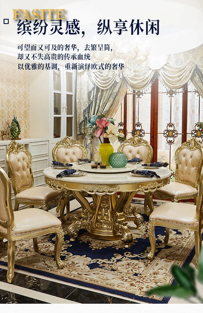 European round dining table and chair combination full solid wood carving flower dining table French marble round dining table