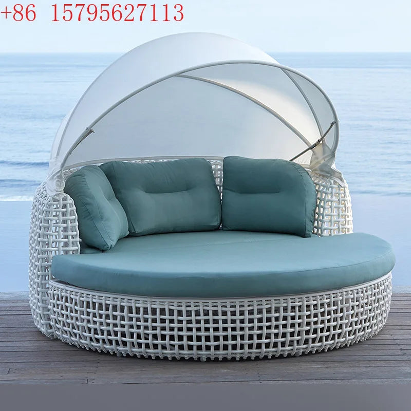 Outdoor leisure rattan sofa queen bed rough rattan recliner round bed combination with canopy round rattan awning lying outside