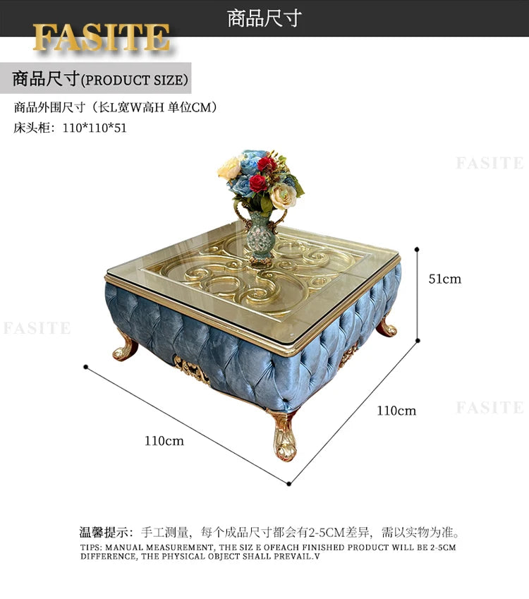 French solid wood square table European luxury square large coffee table tempered glass