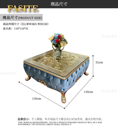 French solid wood square table European luxury square large coffee table tempered glass