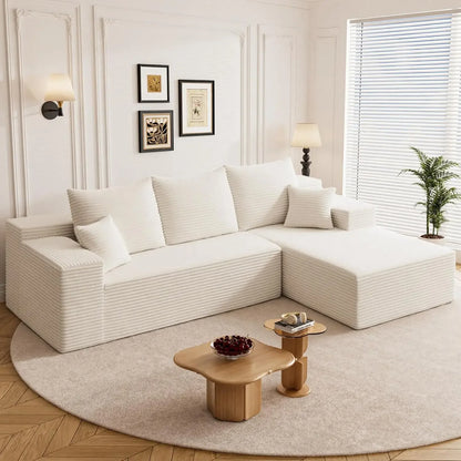 108" L Shaped Boneless Sectional Couches for Living Room, Comfy Corduroy Floor Cloud Sofa with Chaise, Wide Armrest, Deep Seat