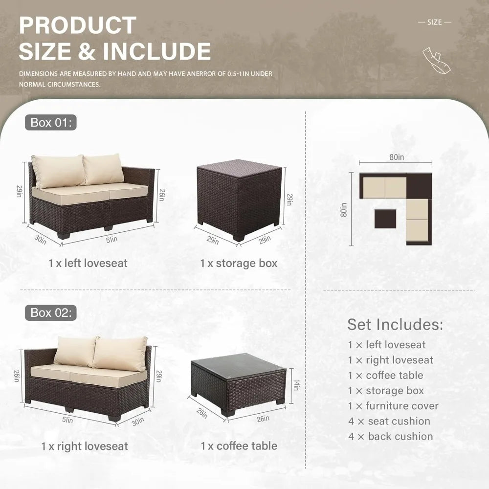 4-Piece Outdoor Brown Wicker Sectional Sofa Set with Storage Table and Khaki Cushions