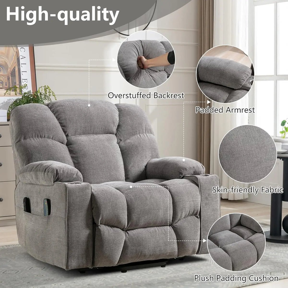 EBELLO Oversized Power Lift Recliner Chair for Elderly, Electric Recliner Chair with Massage and Heating with USB Port