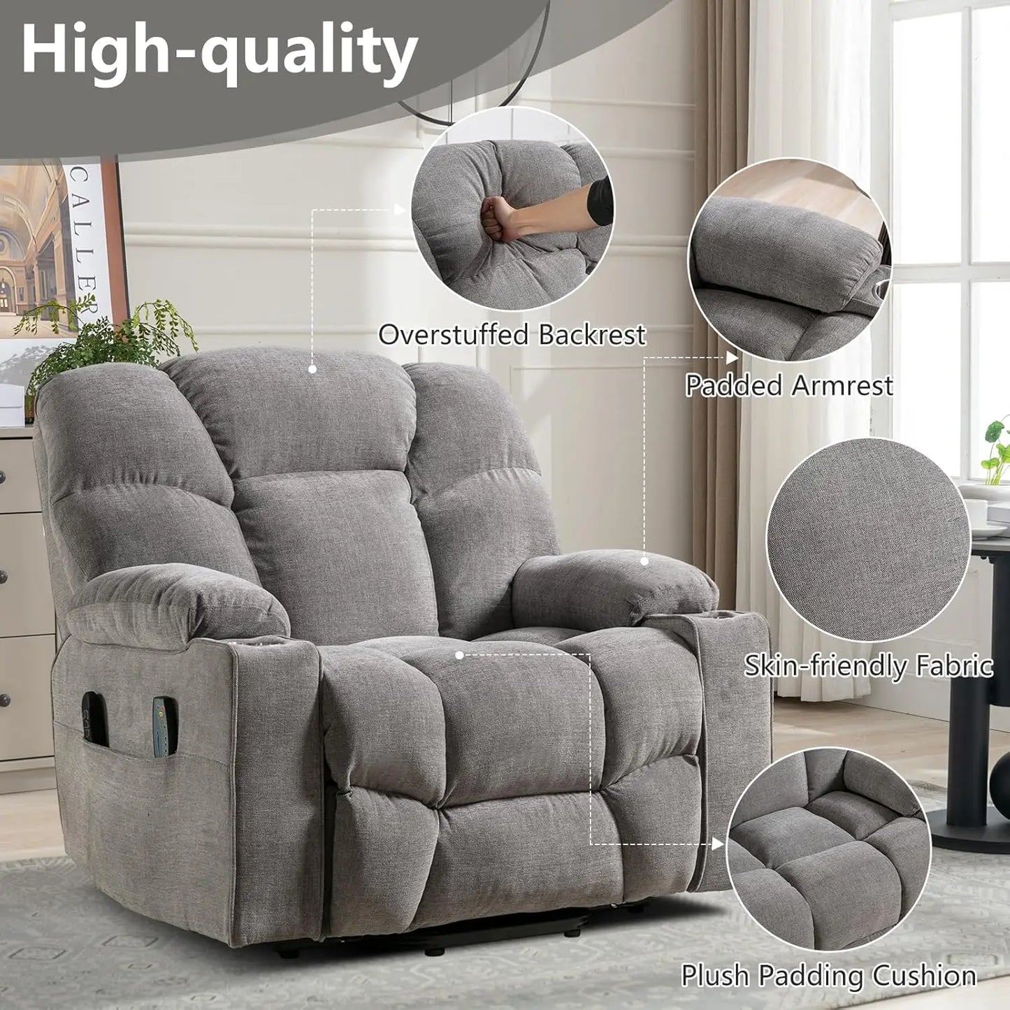 EBELLO Oversized Power Lift Recliner Chair for Elderly, Electric Recliner Chair with Massage and Heating with USB Port