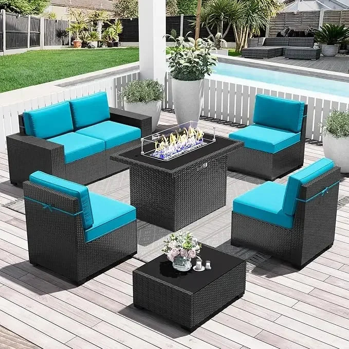 7-Piece Outdoor Patio Furniture with 44-inch Fire Pit Table Rattan Sectional Sofa Conversation Set