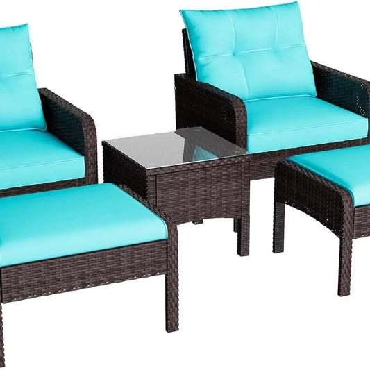 5-Piece Outdoor Patio Furniture Set with PE Rattan Chairs, Ottoman, and Table, Ideal for Porch, Garden, Backyard, Balcony, Brown